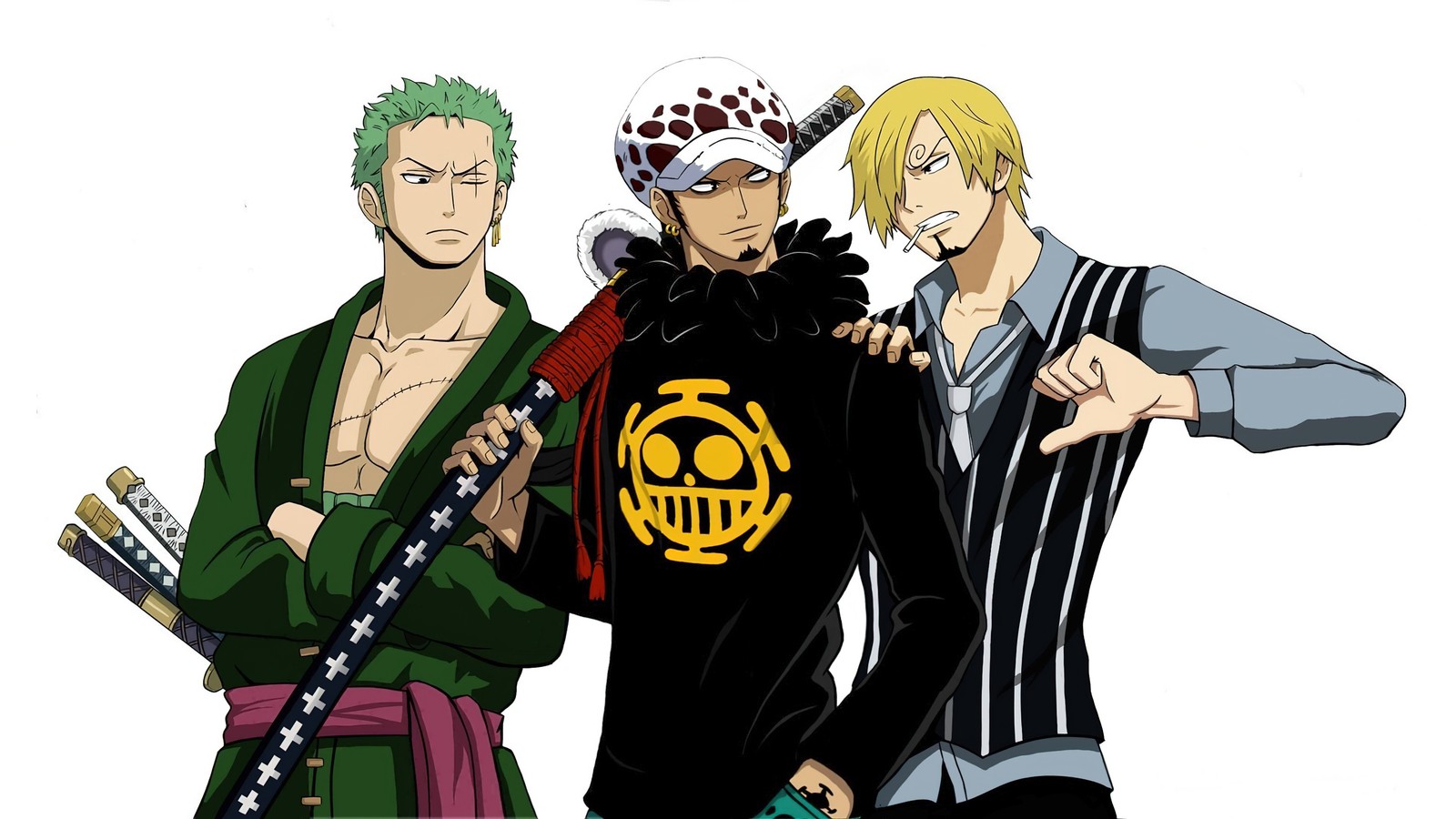 Tres personajes de anime con pistolas y una camisa (roronoa zoro, trafalgar law, sanji, one piece, anime)