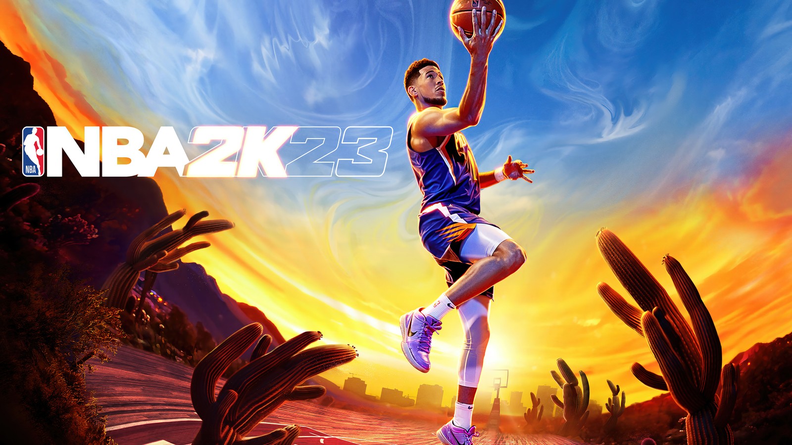 A man jumping up into the air with a basketball ball (nba 2k23, nation basketball association, video game, devin booker)