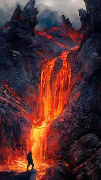 Majestuosa corriente de lava a través del paisaje volcánico