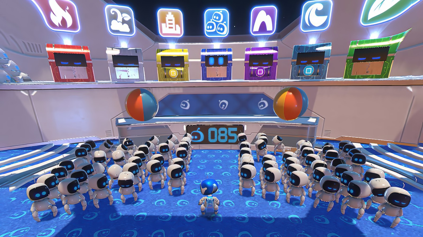 Um close de um grupo de robôs em uma sala (astro bot, jogo de vídeo)