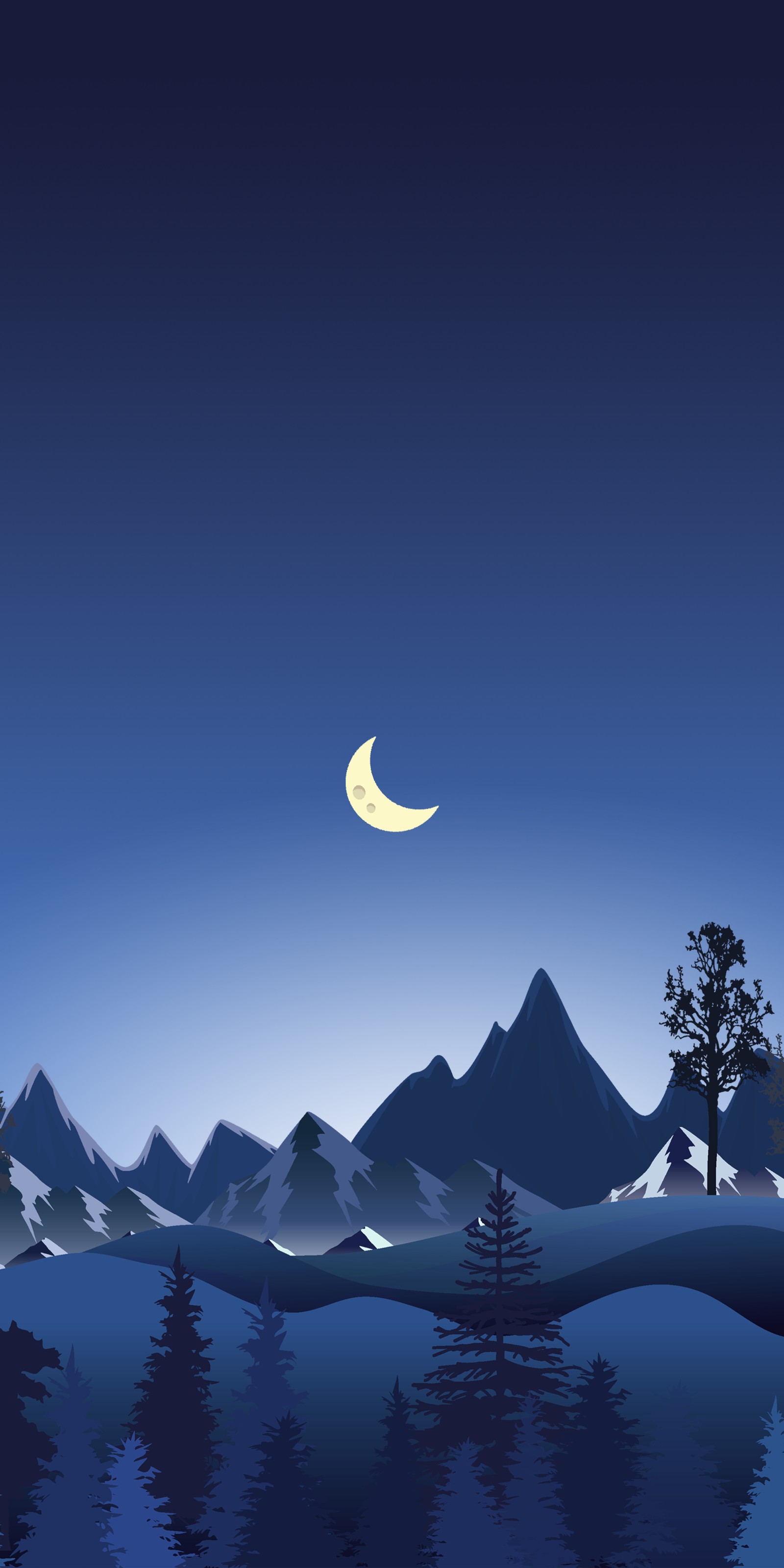 Les montagnes et les arbres sont silhouettés contre un ciel bleu avec un croissant (montagne, neige, ios, atmosphère, lune)