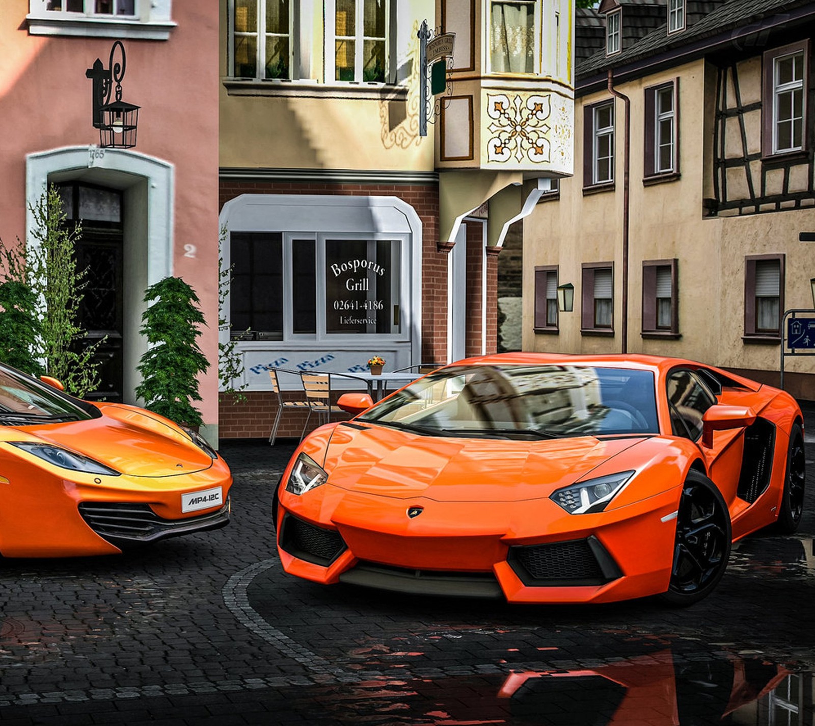 Deux voitures de sport orange garées devant un bâtiment sur une rue pavée (incroyable, voiture)