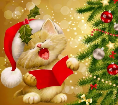 navidad, lindo, gatito, alegre, canción