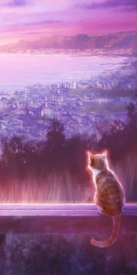 Lonely Kitten Watching Over a Quiet Town at Dusk