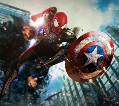 Spider-Man in einer dynamischen Action-Pose mit Captain Americas Schild