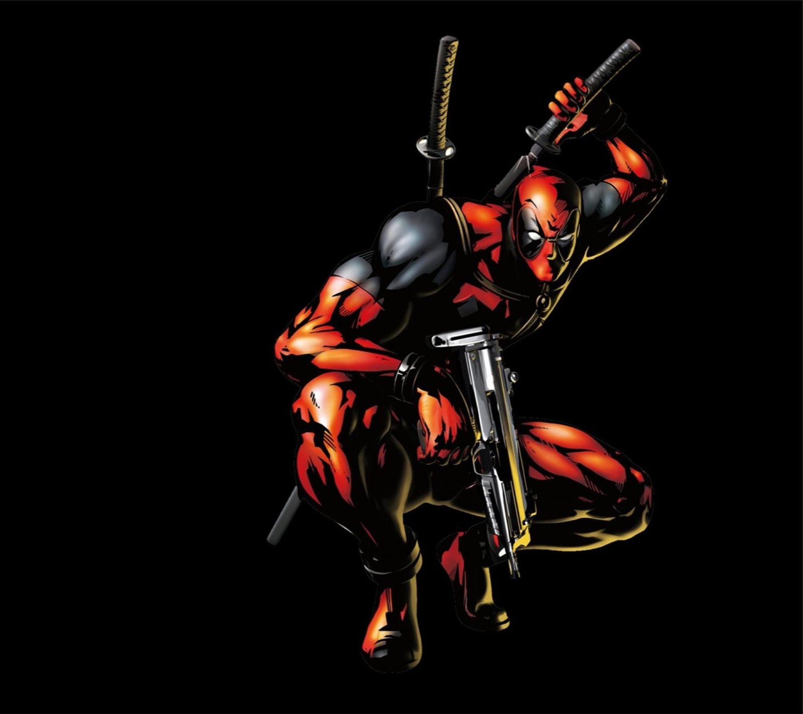 A close up of a deadpool with a gun on a black background (comics, deadpool, marvel, wade, wilson)