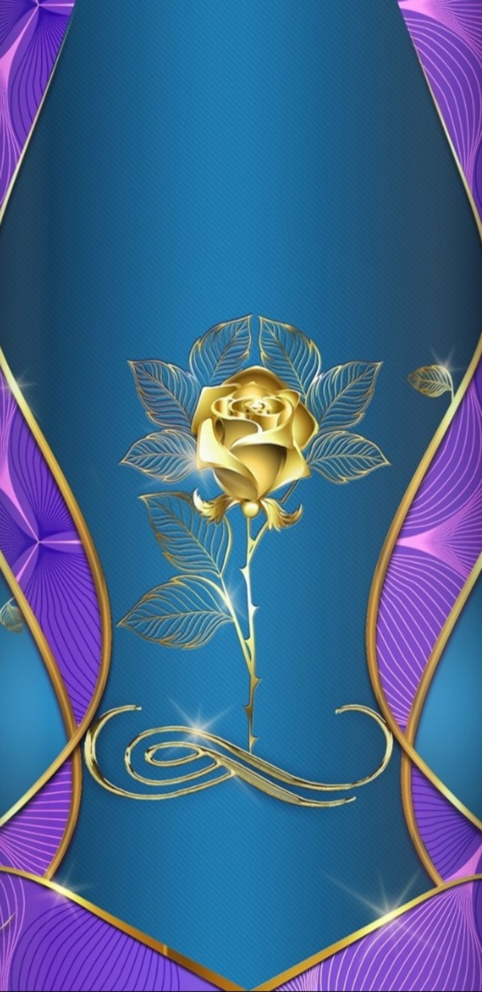 Una rosa dorada sobre un fondo azul con un borde dorado (azul, floral, flor, femenino, oro)