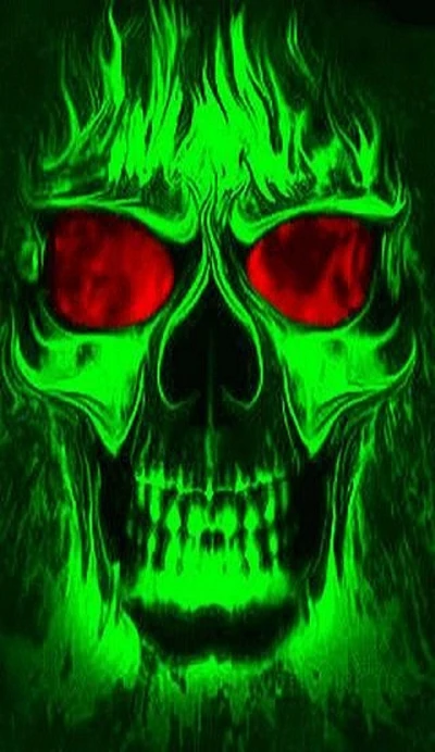 Flaming Green Skull with Fiery Red Eyes