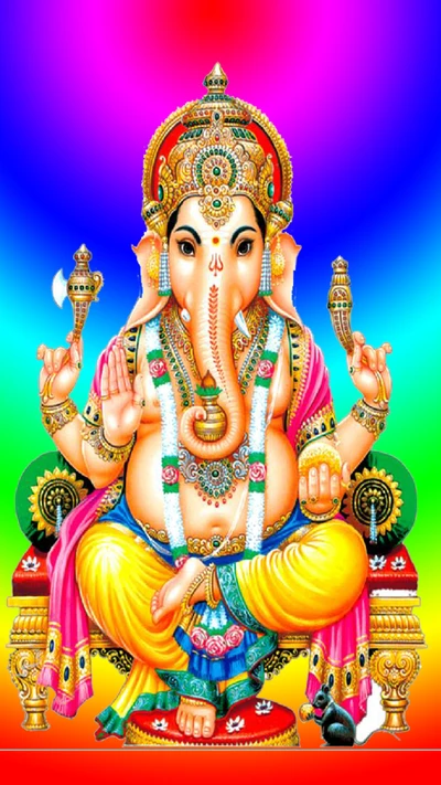 Lebendige Darstellung von Lord Ganesha, dem hinduistischen Gott der Weisheit und des Wohlstands, geschmückt mit kunstvollem Schmuck und bunter Kleidung vor einem Regenbogen-Hintergrund.