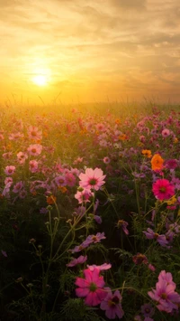 Morgensonne über einem Feld mit rosa Blumen