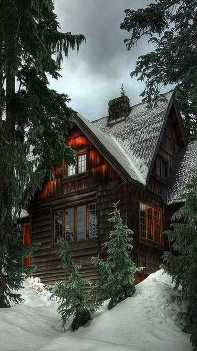 Encantadora cabaña de invierno rodeada de pinos nevados