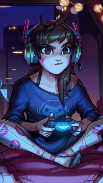 Garota gamer com fone de ouvido: D.Va em ação