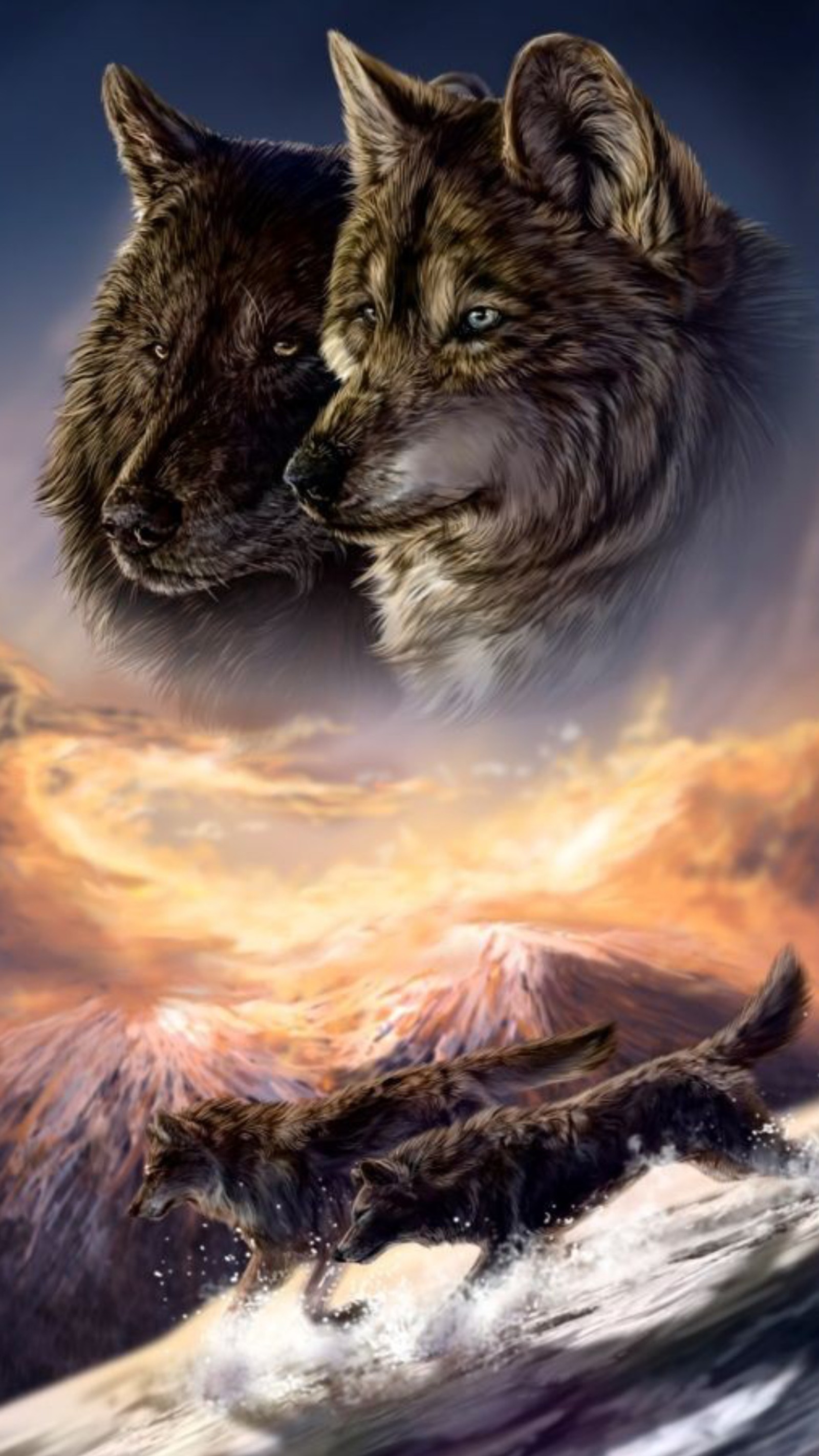 Two wolfs are standing on a rock in the water (animal, fantasy, mountain, nature, wolf)