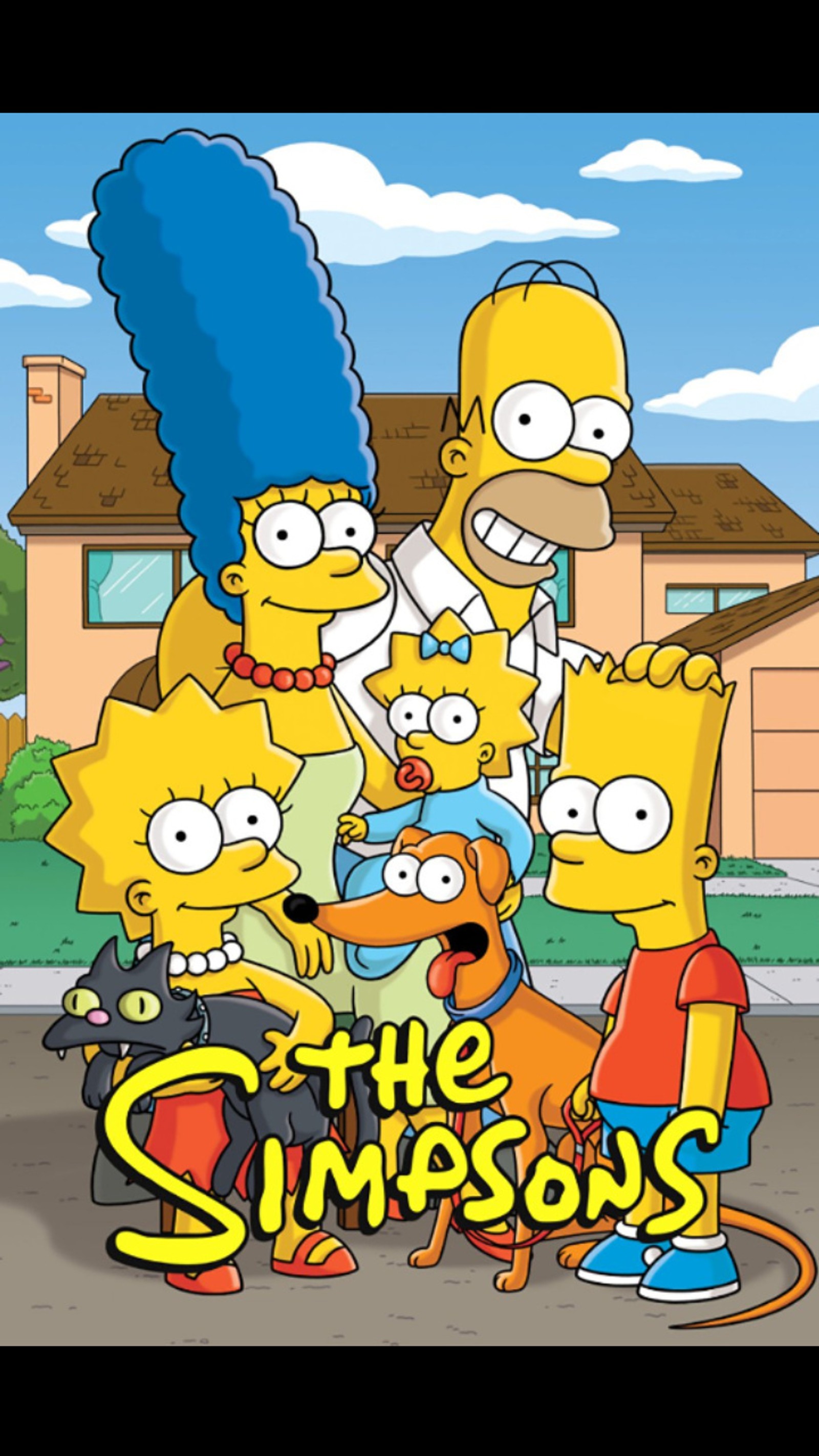 La familia simpson posando para una foto frente a una casa (lindo, familia, homero, simpson, simpsons)