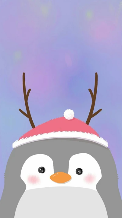 Adorable Penguin with Antlers in a Christmas Hat