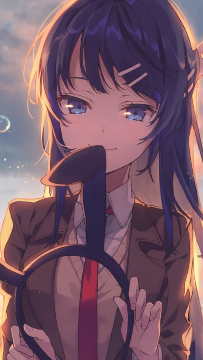 Mai Sakurajima como Bunny Girl Senpai segurando um objeto simbólico