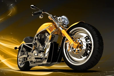 Sleek Golden Chopper Motorcycle Against a Dynamic Background