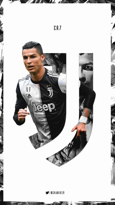 Cristiano Ronaldo in Juventus jersey with dynamic pose and signature logo.