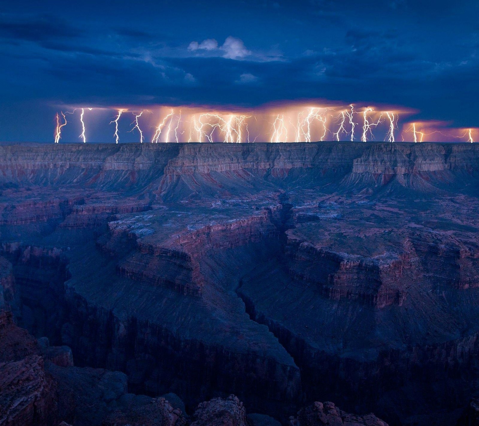 Lightning strikes over the grand canyon during a thunderstorm (2013, blue, cliff, clouds, hd)