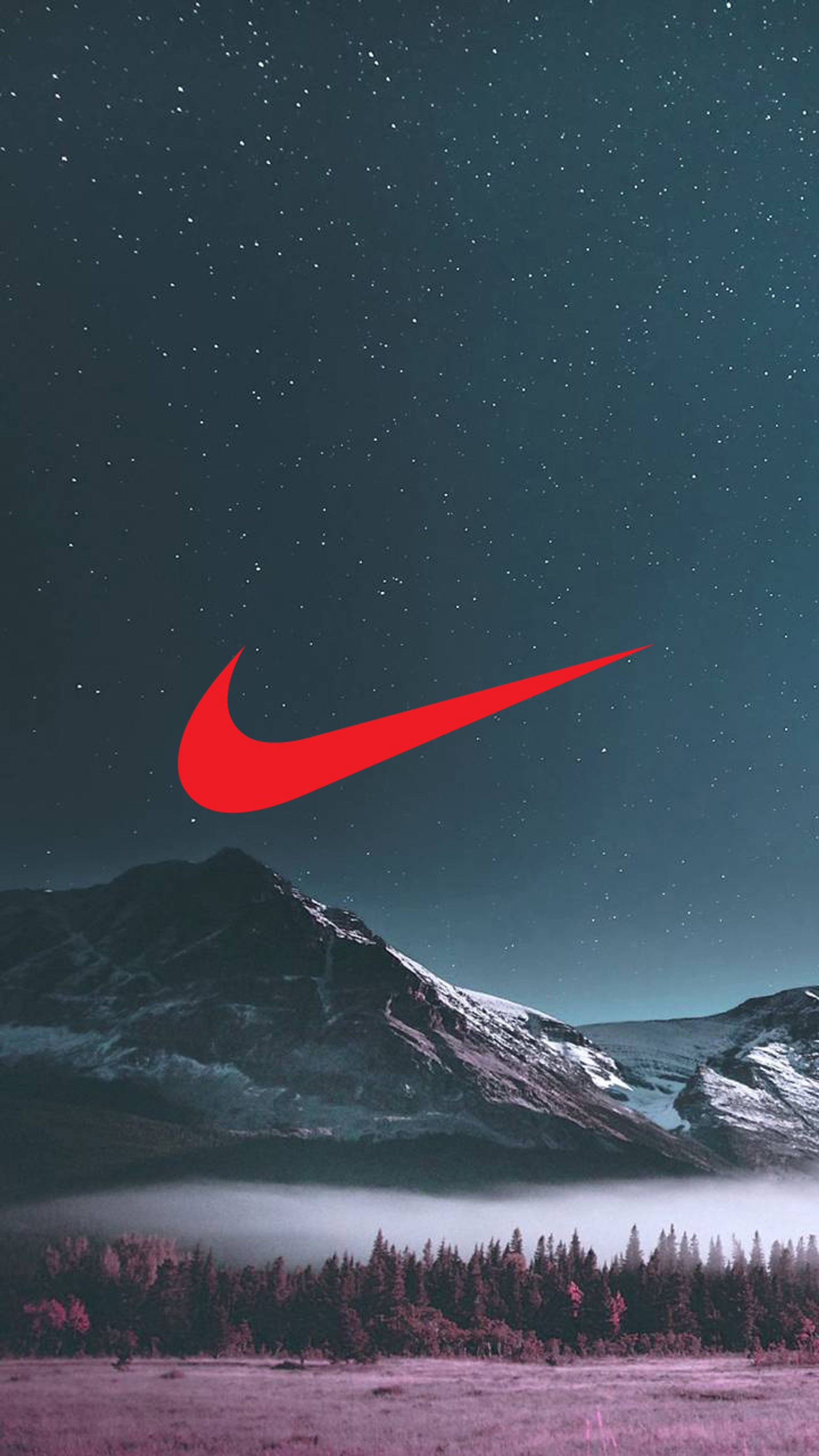 Logotipo da nike em uma montanha com um fundo de céu (galáxia, montanha, noite, nike, estrelas)