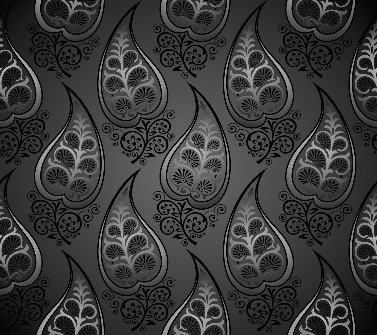 A black and white paisley pattern with silver leaves (abstract, background, black, design, floral)