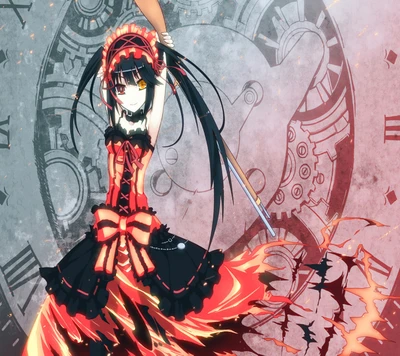 Fille combattante d'anime dynamique dans une robe rouge flamboyante