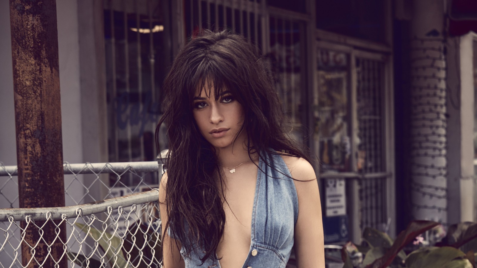 Araffed woman in a denim dress standing in front of a fence (camila cabello, singer, celebrity, women, girls)