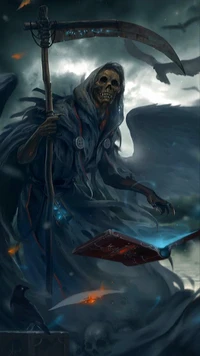 Reaper de fantasía: Un personaje oscuro con alas y un libro de hechizos