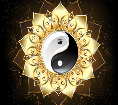 Yin Yang-Symbol, umgeben von einem komplizierten goldenen Mandala