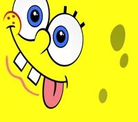 SpongeBob SquarePants avec une expression espiègle sur un fond jaune vif.