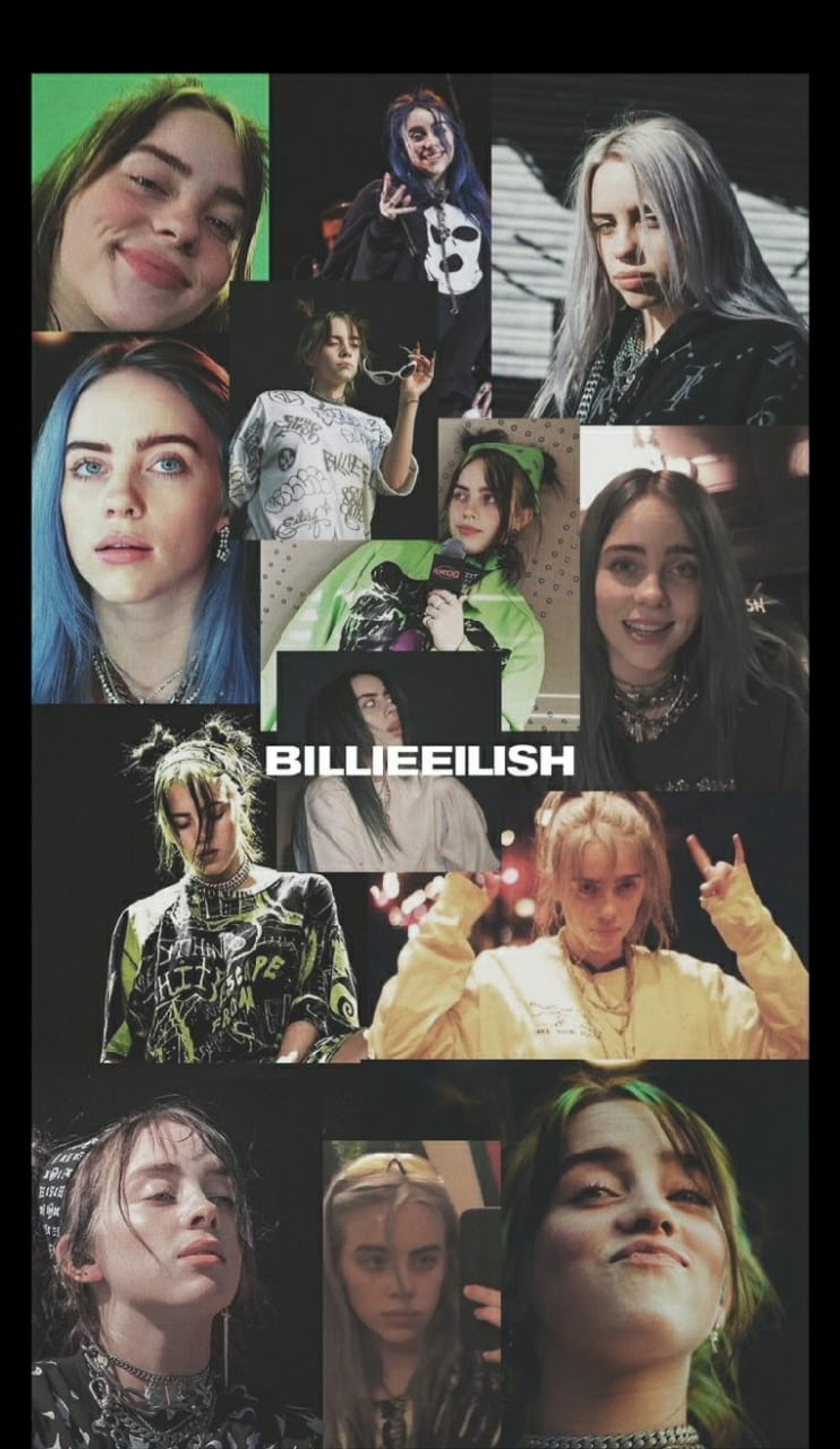 A collage of photos of a woman with different colored hair (billie, billie eilish)