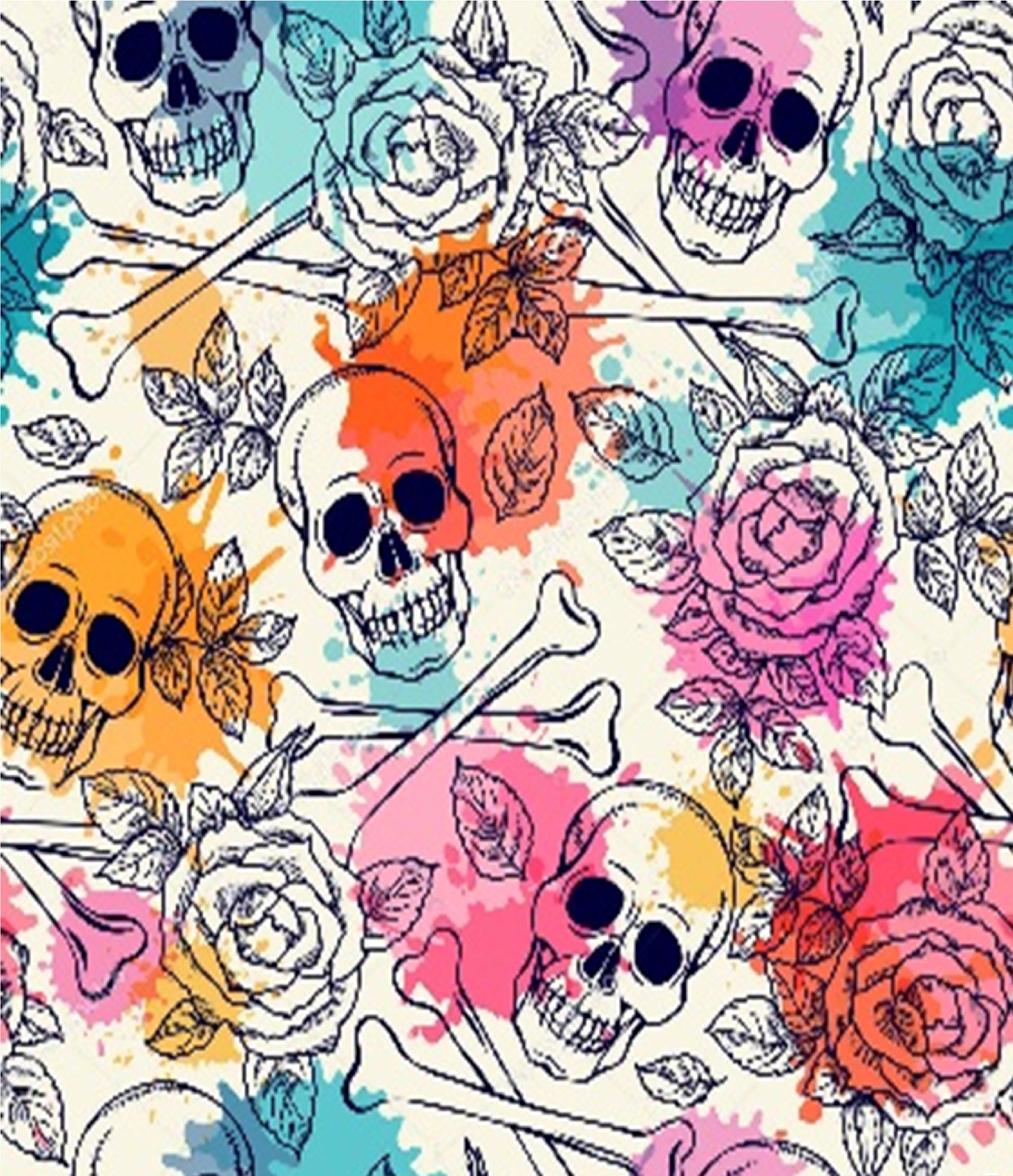 A colorful watercolor skull and roses pattern on a white background (calavera, colores, flores, noviembre, rosas)