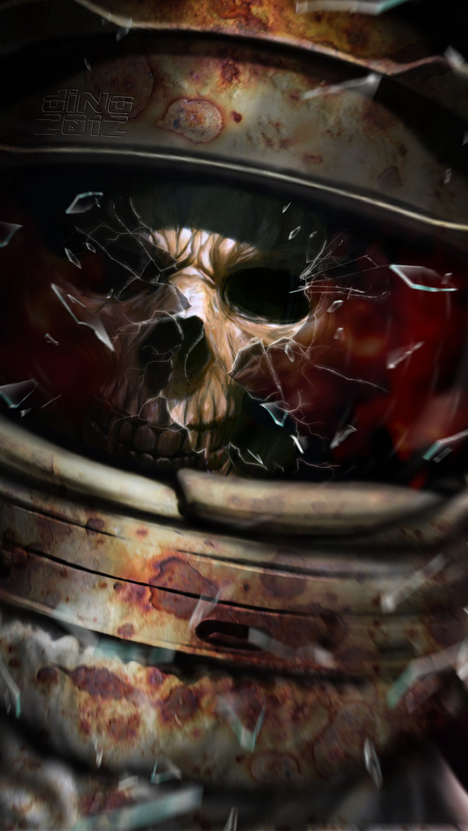 A close up of a skull in a helmet with a broken window (art, astronaut, digital, game, rustic)