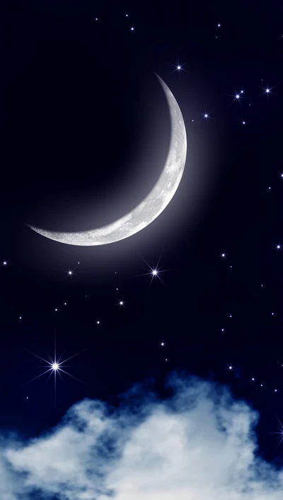 Crescent Moon Illuminating a Starry Night Sky