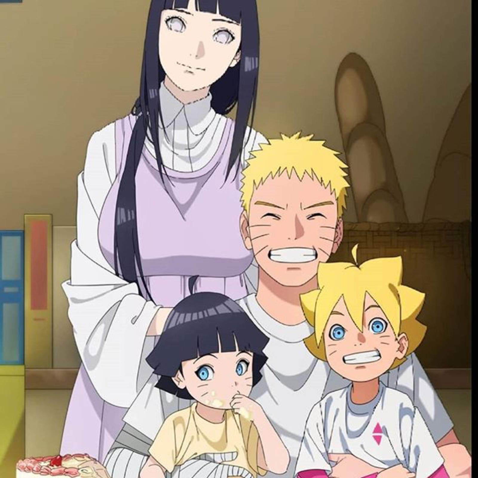 Des personnages d'anime posant pour une photo avec un gâteau devant eux (boruto, bande, himawari, hinata, amour)