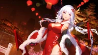 Illustre fille d'anime en robe rouge parmi des lanternes