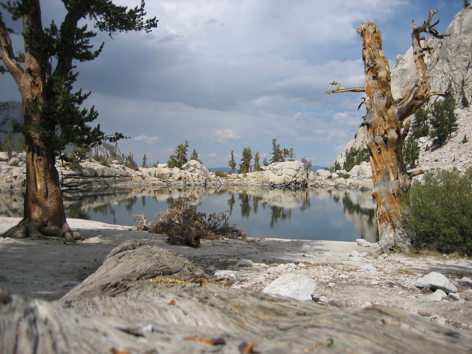 Hay un lago en medio de un área rocosa (árbol, desierto, reflexión, lago, roca)