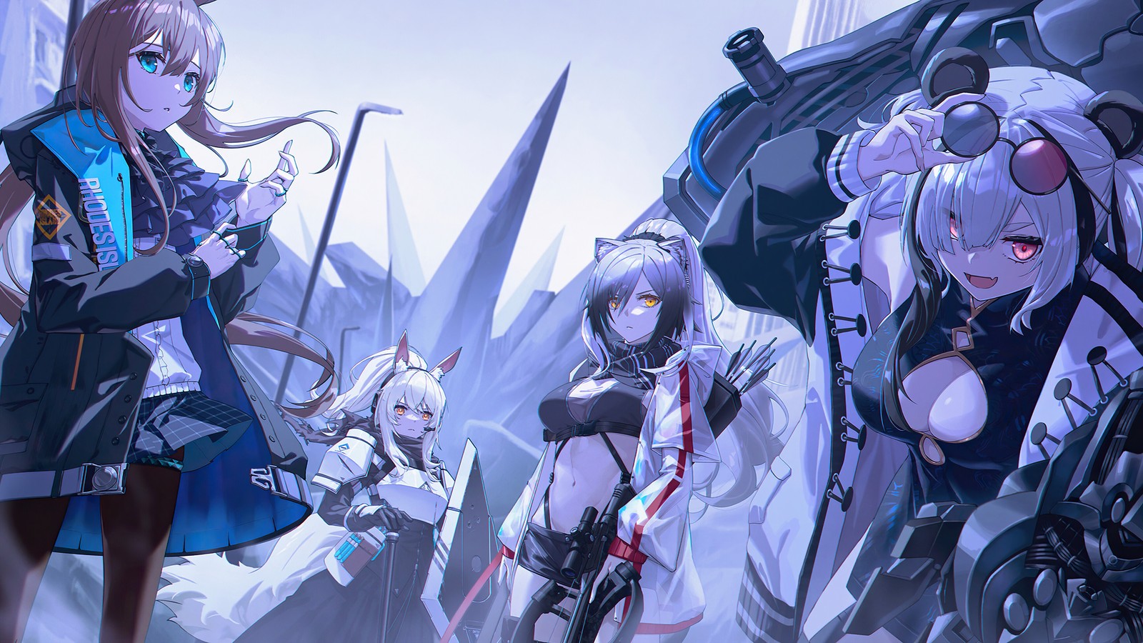 A group of anime girls standing next to each other in front of a mountain (arknights, anime girls, video game, feater, amiya)