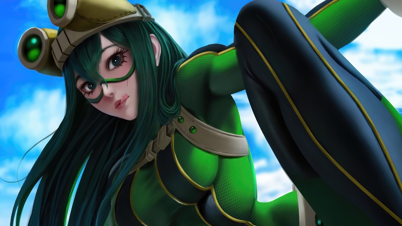 Крупный план женщины в зеленом и черном наряде (цую асуи, tsuyu asui, my hero academia, боку но хиро академия, аниме)