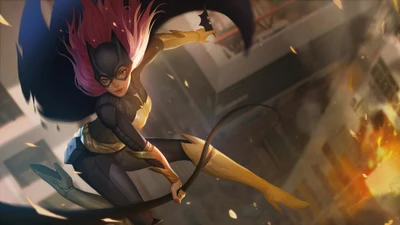 Batgirl in dynamischer Aktion, die ihre Agilität und Kampffähigkeiten vor einer dramatischen städtischen Kulisse zeigt.