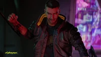 Cyberpunk Character in Leather Jacket Amidst Neon Darkness