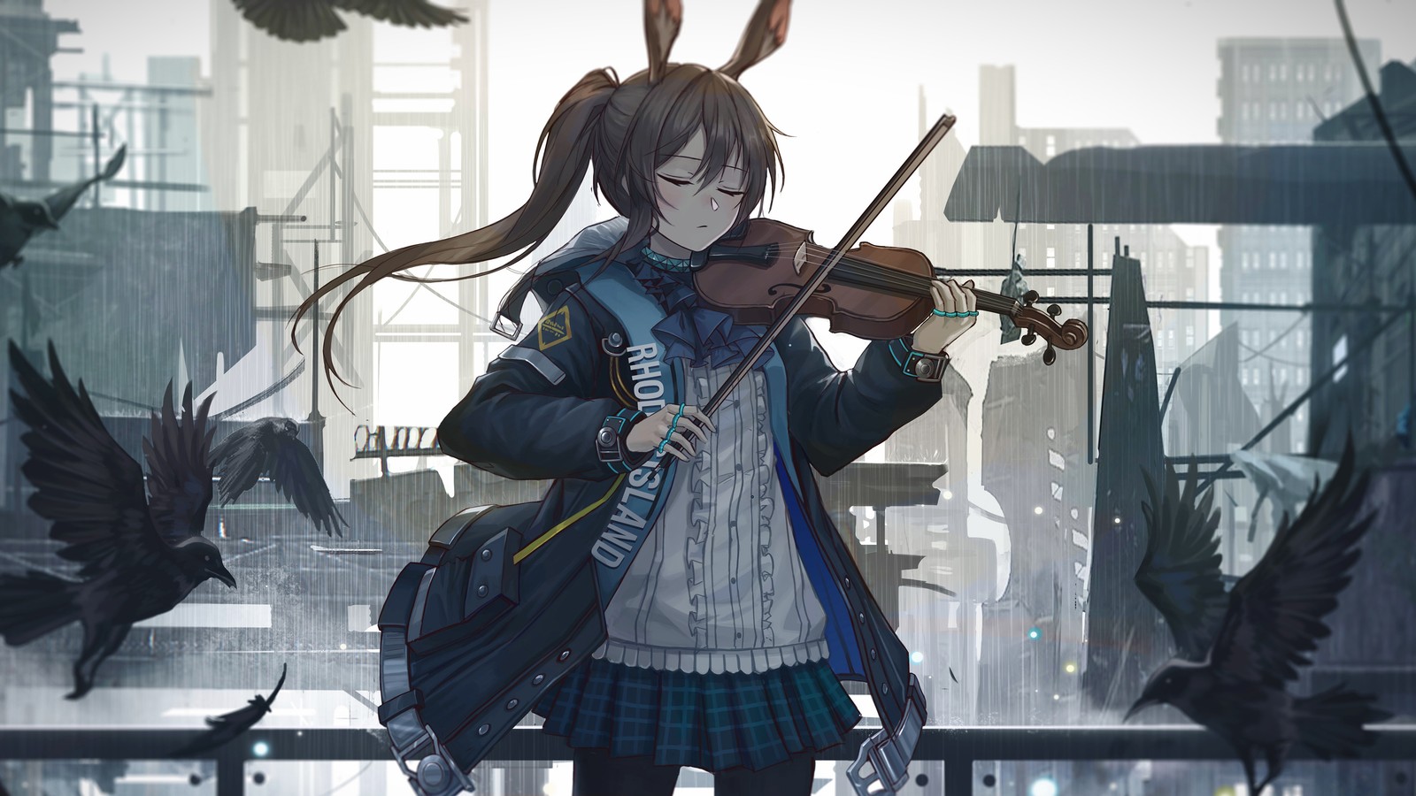 Fille anime jouant du violon devant un paysage urbain (violen, jouant, arknights, filles danime, jeu vidéo)