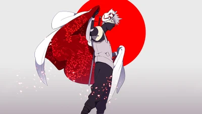 Kakashi Hatake in Anbu-Kleidung, mit einer Maske und einem fließenden roten Umhang vor einem kräftigen roten Sonnenhintergrund.