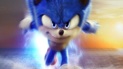 Sonic le Hérisson dans une pose dynamique, courant vers le spectateur contre un arrière-plan de coucher de soleil vibrant, du film de 2022 "Sonic le Hérisson 2".