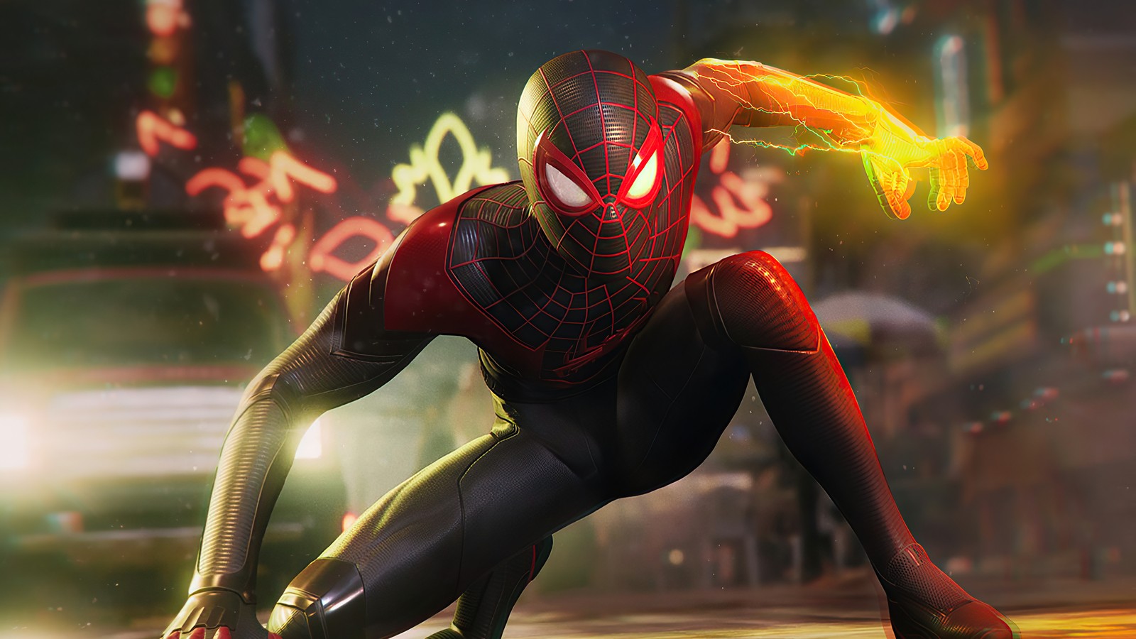 Человек-паук в костюме с светящимися глазами и красной головой (marvels spider man miles morales, инсомниак, playstation 5, видеоигра, ядовитый удар)