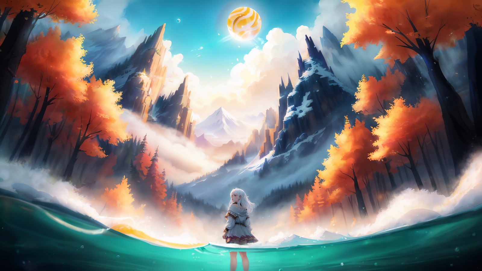 A girl standing in the middle of a lake surrounded by trees (anime girls, anime, forest, lake, mountain)