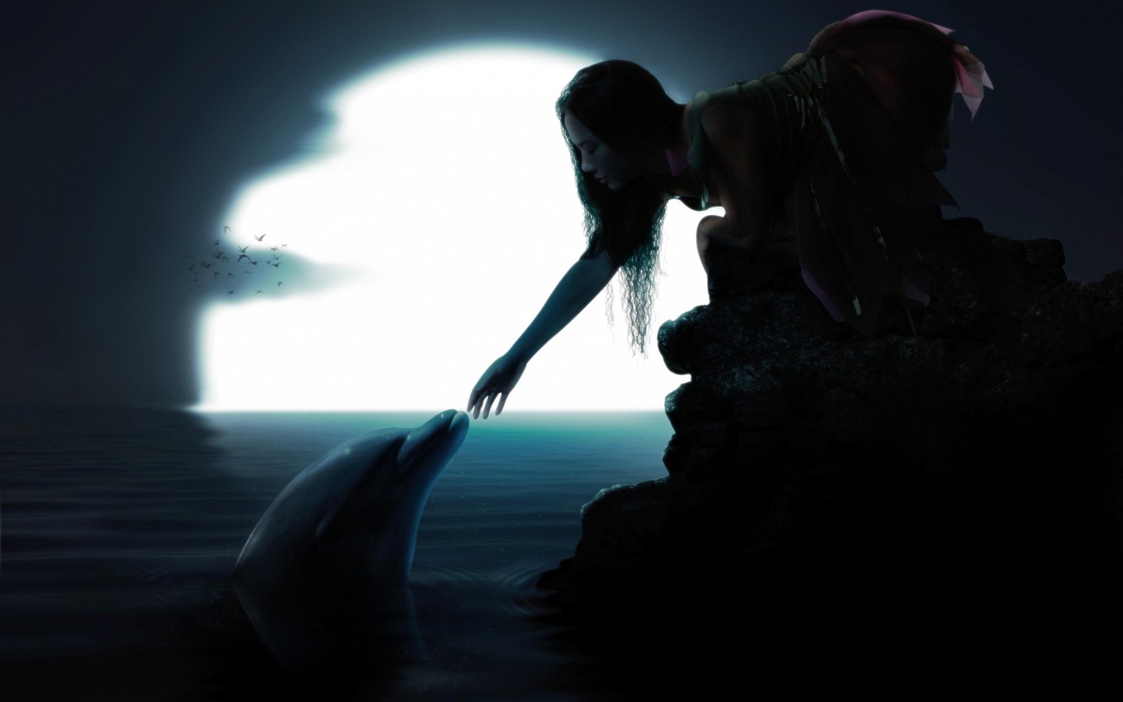 Mermaid with dolphin tail in the moonlight (light, water, sea, sky, girl)