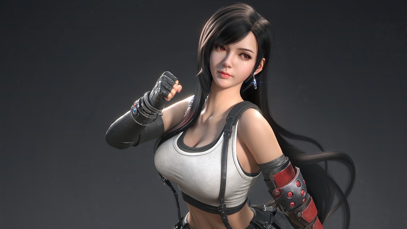 Eine frau in einem weißen oberteil und schwarzen hosen, die eine waffe hält (tifa lockhart, final fantasy 7 remake, ff7, ffvii, videospiel)