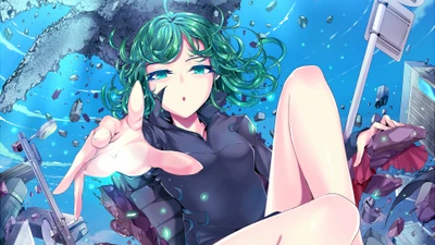 Tatsumaki aus One Punch Man, die ihre psychischen Kräfte inmitten einer chaotischen städtischen Landschaft einsetzt.