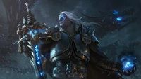 Lichkönig Arthas Menethil, der Frostmagie mit Frostmourne in einem dunklen Fantasy-Reich befiehlt